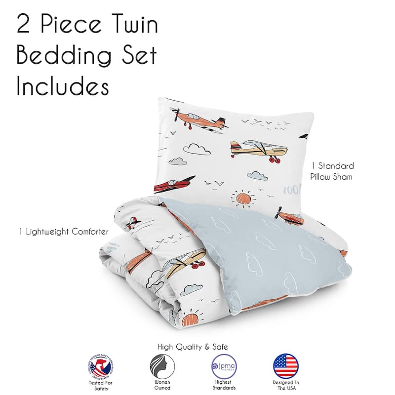 Vintage Airplane Boy 2pc Twin Comforter Set - Grey Yellow Orange Red White Blue Airplanes Air Plane Transportation Clouds Sky