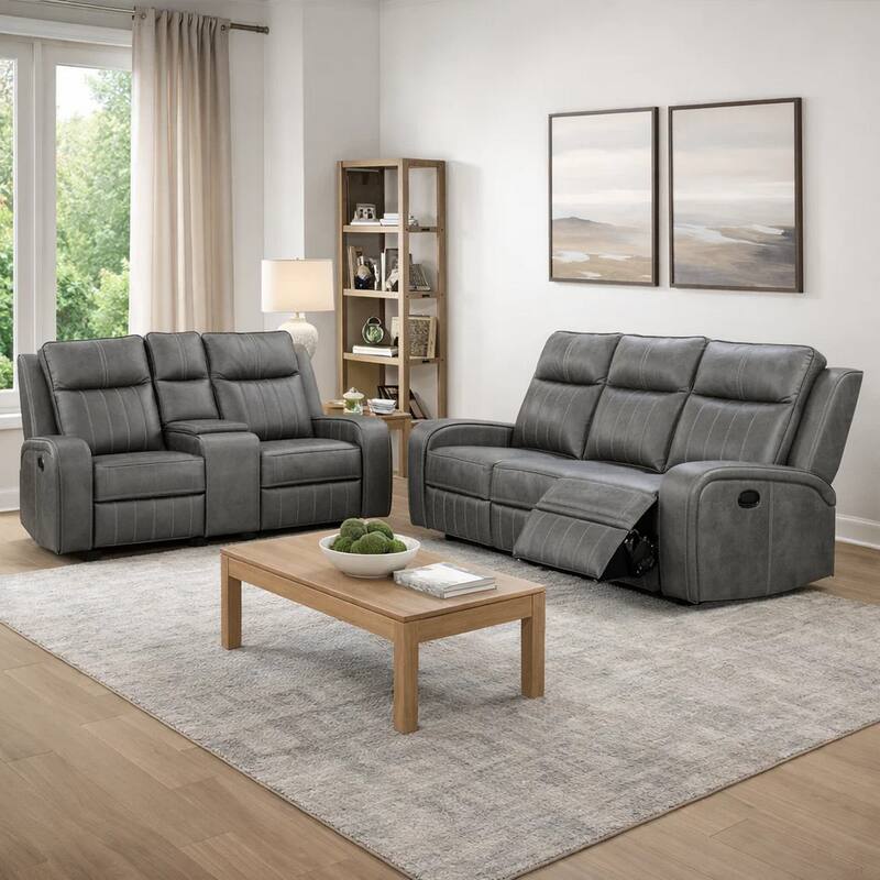 Josen 2pc Manual Reclining Sofa and Loveseat Set, Gray Faux Leather