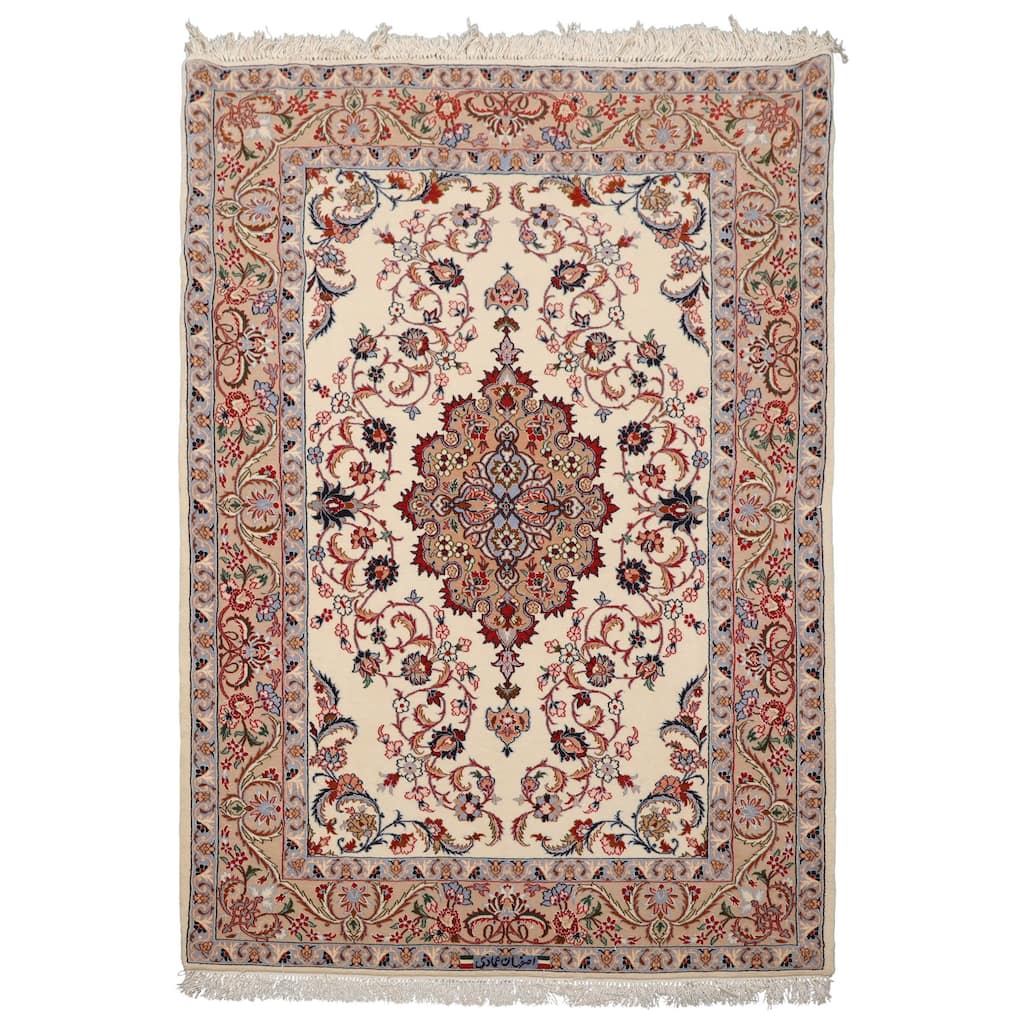 3'7''x5'4'' Hand Knotted Wool Ivory Isfahan Traditional 350 KPSI Rug - 3' 7'' x 5' 4''