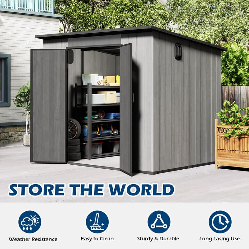 Domi Outdoor Resin Storage Shed, Waterproof Plastic Garden Shed with Lockable Door, Windows & Vents, Outside Tool Storage Shed