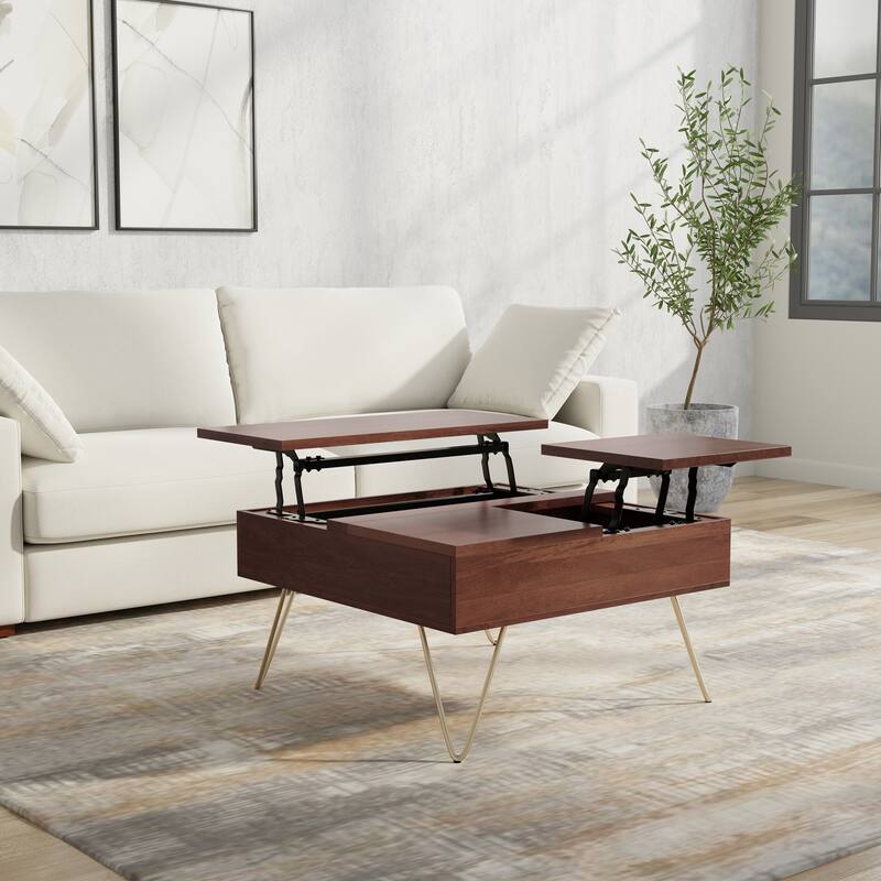 WYNDENHALL Moreno 32 inch Wide Square Industrial Lift Top Coffee Table - 32.1 x 32.1 x 18.1 - Umber Brown/Gold - Wood and Metal