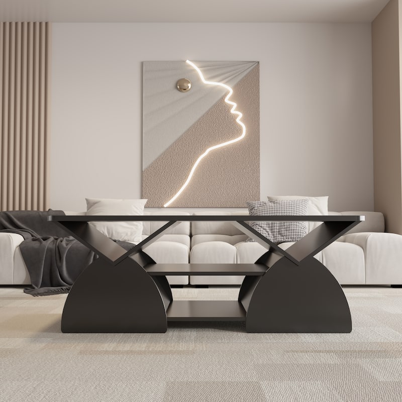 Engineered wood rounded corner rectangular coffee table for living room, easy assembly storage table