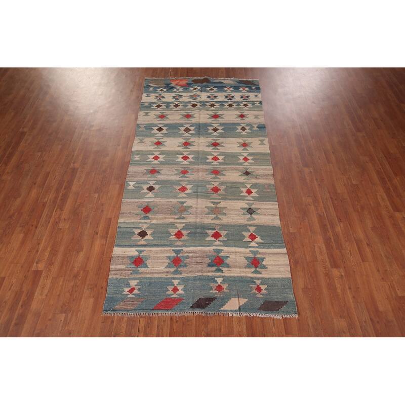 Striped Geometric Kilim Persian Area Rug Hand-Woven Wool Carpet - 4'6"x 9'2"