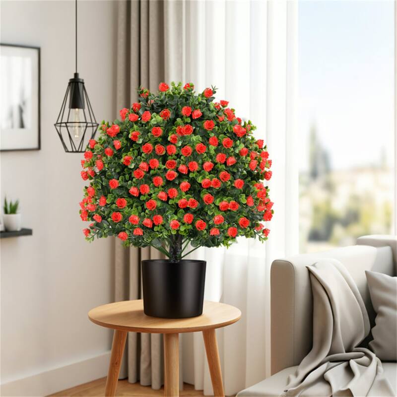 Set of 2 Artificial Ball-Shaped Rose Topiary Trees 21.5 Inch Green Red Black Faux Plants with Cement Pots Indoor Outdoor - 21.5"
