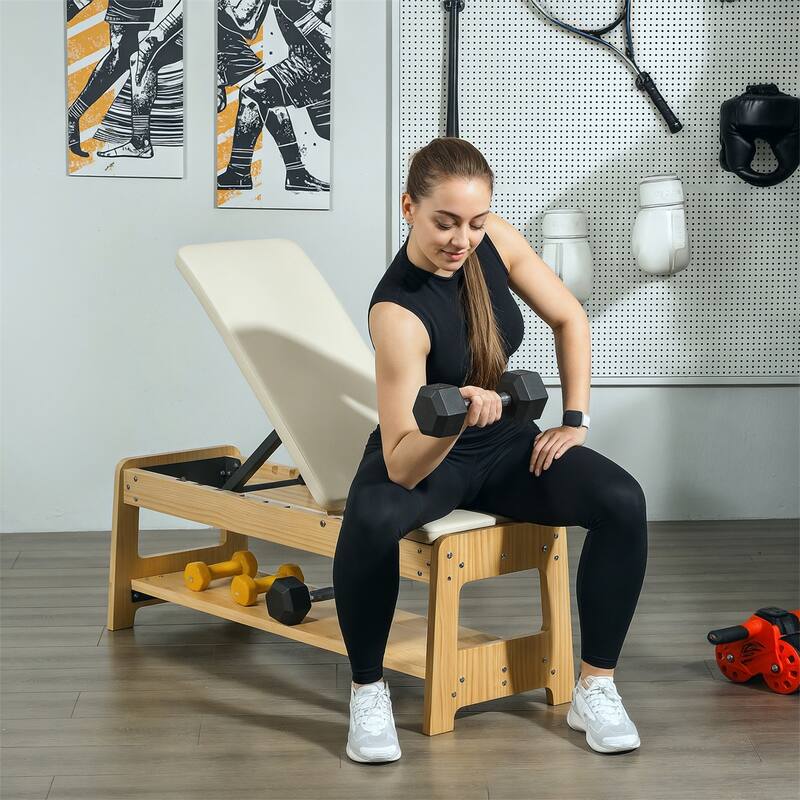 Adjustable Dumbbell PU Padding Bench with Storage Rack and Wood Frame for Home Gym - 46.9" L x 14.8" W x 16.9" -44.1" H