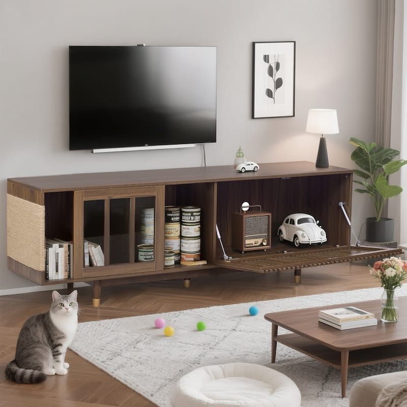 Anmytek Pet Friendly TV Stand Cat Modern Media Console Wood Storage Living Room Organizer