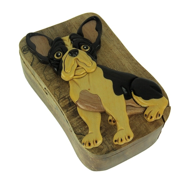 Hand Carved Wood 3D Boston Terrier Puzzle Trinket Box - 2.5 X 5.5 X 3.5 inches