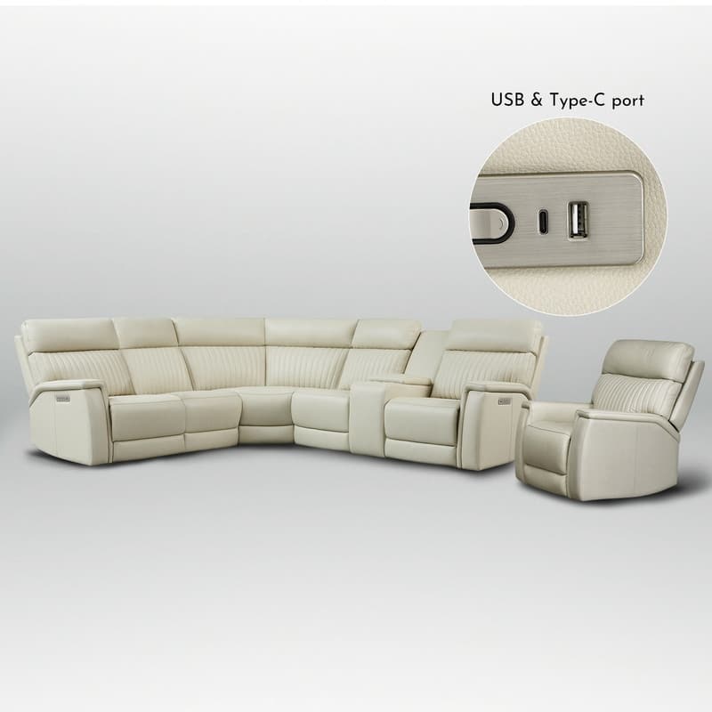 105" W Genuine Leather Power Sectional with Recliner Sofa Set with Triple Power, Single Console, USB&USB-C Ports