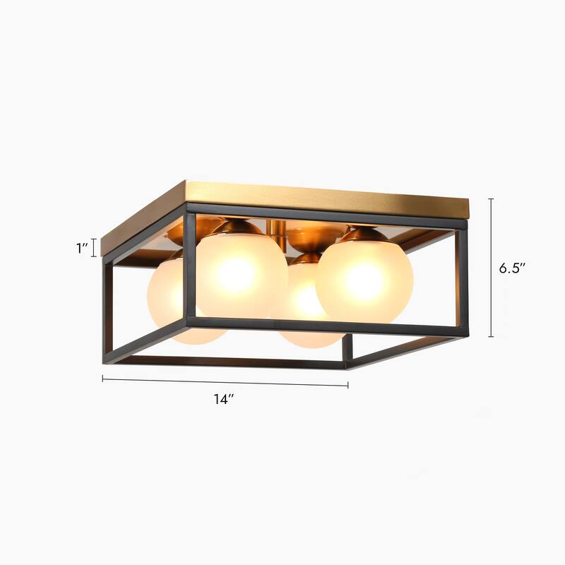 Modern Black Gold 4-Light Semi Flush Mount Ceiling Light with Frosted Globe Glass - D14"xH6.5"
