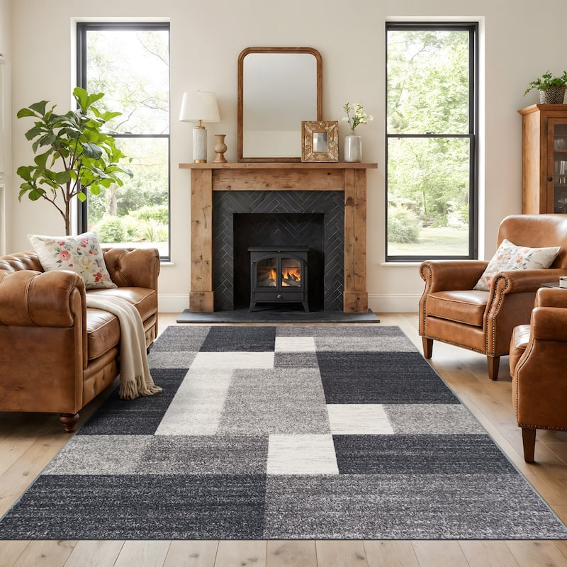 World Rug Gallery Modern Boxes Design Non-slip (Non-skid) Area Rug - 7'10" x 10' - Gray