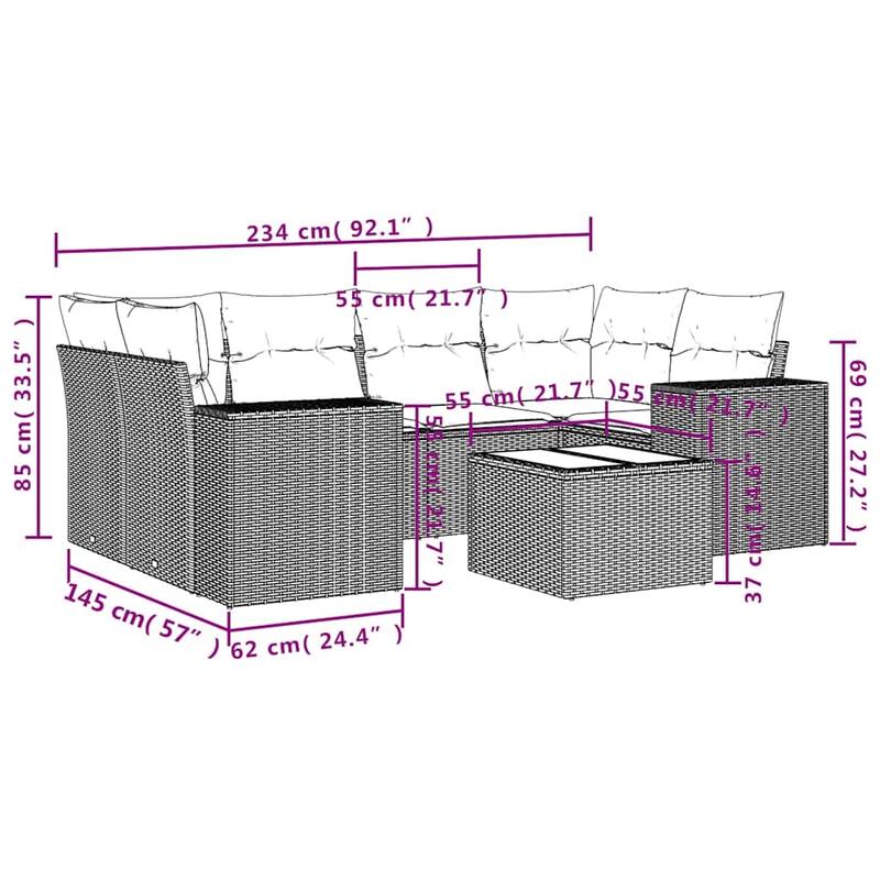 vidaXL 7 Piece Patio Sofa Set with Cushions Black Poly Rattan - 24.4" x 24.4" x 27.2"
