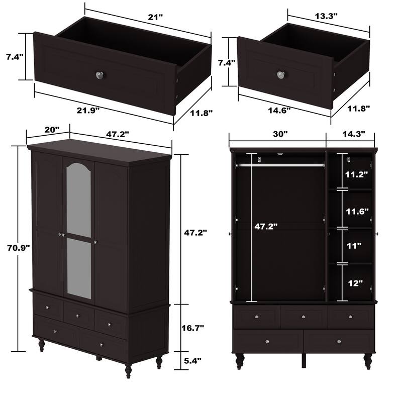 47.2" Lacquered Armoires Wardrobes With Mirror Door 5 Drawer in White