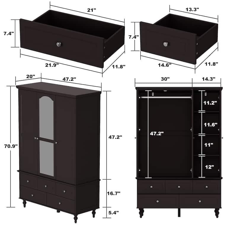 70.9"H Family Wardrobe/Armoire/Closet with Mirror Doors White Lacquer