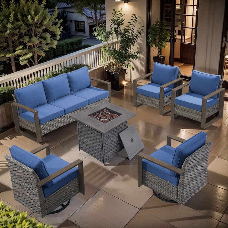 Pocassy Outdoor Fire Pit Conversation Set 3-Seat Sofa Chairs Patio Furniture Set - Grey Wicker Blue Cushion - 6-Piece Sofa Chair with Fire Table
