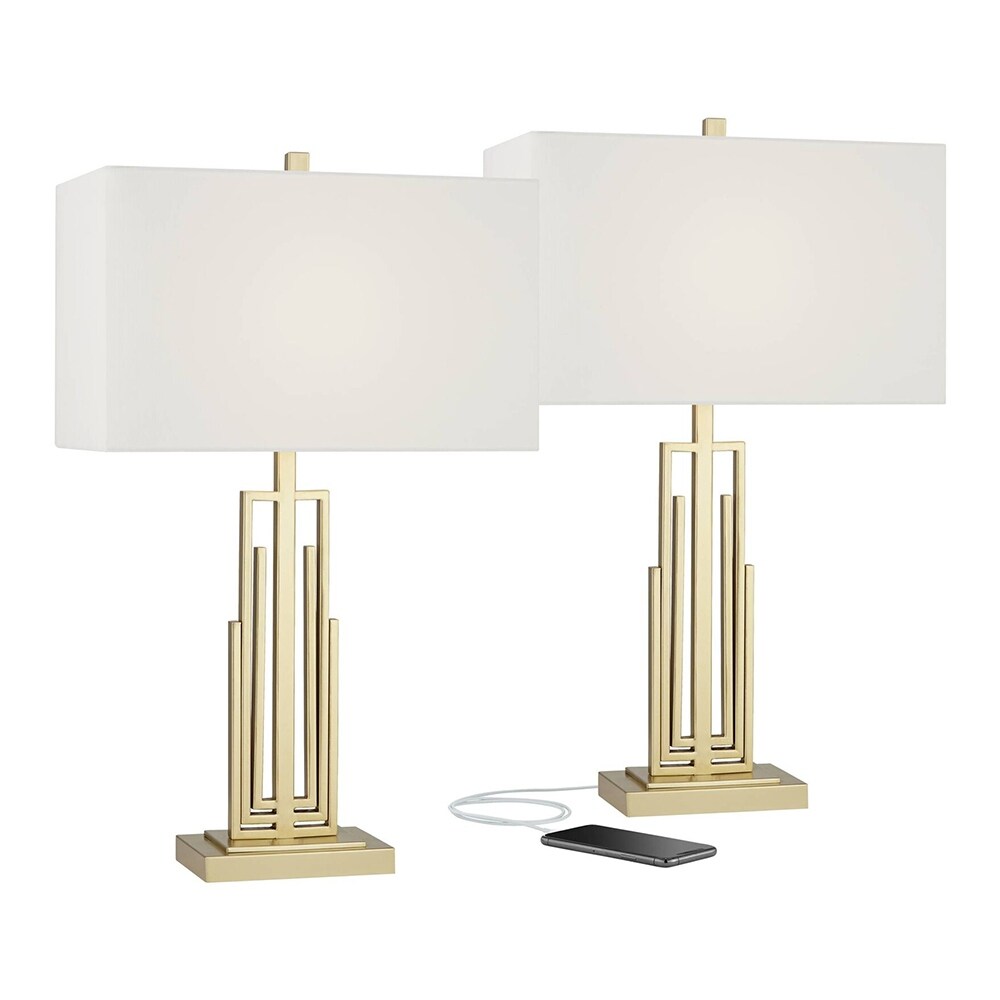 Set of 2 Art Deco Table Lamps with USB Ports Gold Metal White Shade 18 x 30