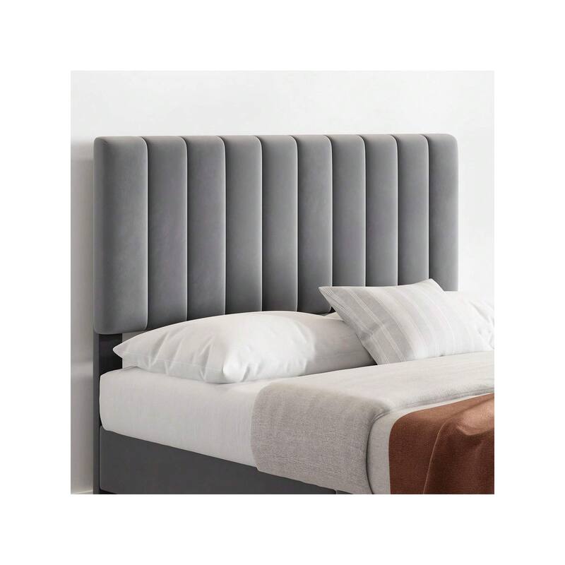 Bed Frame with Velvet Headboard Adjustable, Strong Wooden Slat Support