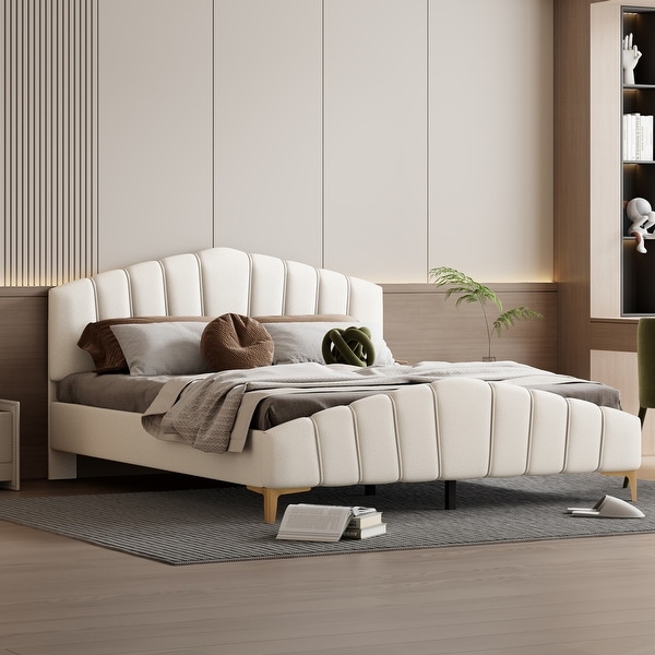 Queen Size Velvet Bed with Upholstered Headboard and Footboard Beige