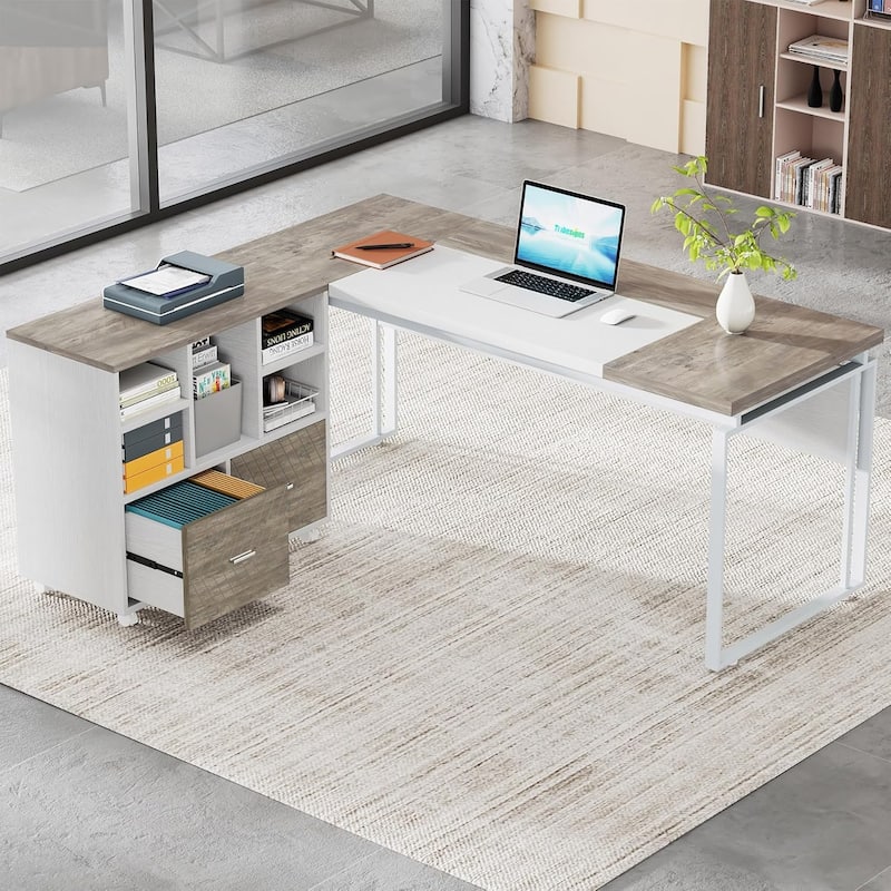 63" L-Shaped Executive Desk Reversible File Cabinet Combo, Office Computer Desk Set with Storage Drawers