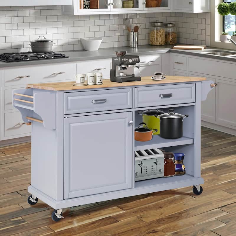 Natural Wood Topped Kitchen Island with Storage, Mobile Kitchen Cart