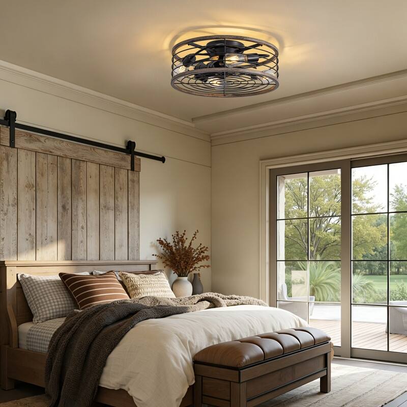 20 in. Wood Finish Ceiling Fan with Light Low Profile Farmhouse Indoor Ceiling Fans Caged Ceiling Fan Light for Bedroom - N/A