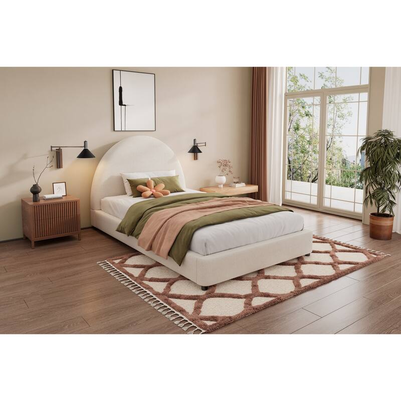 Twin Size Bed Frame with Round Curved Headboard, Boucle Upholstered, White