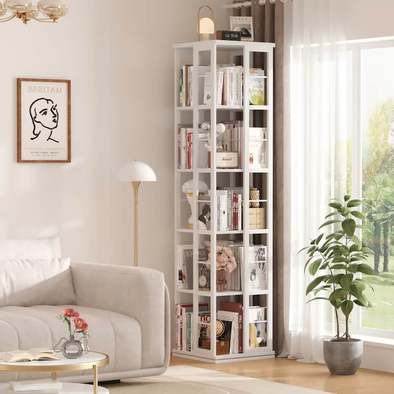 5-Tier Corner Rotating Bookshelf, 360 Display Wood Spinning Bookshelf, Floor Standing Bookcase Organizer Storage Rack - White