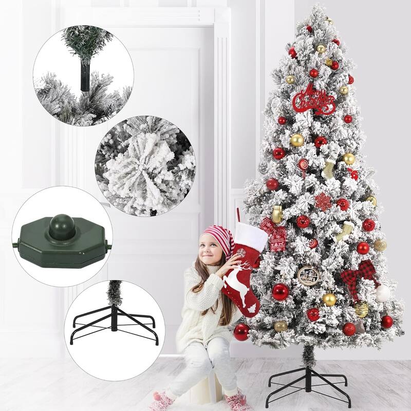 Prelit Snow Flocked Christmas Tree, Artificial Xmas Tree - N/A