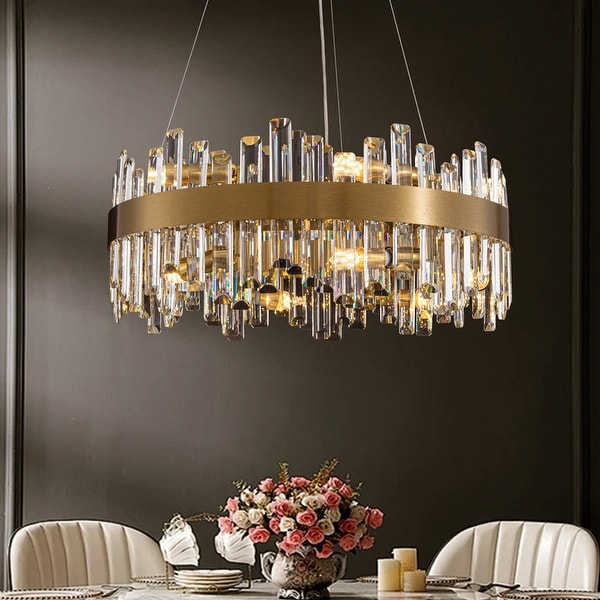 Modern Crystal Chandelier, Round Pendant Light Fixture Gold Hanging Farmhouse Chandelier Lighting for Dining Room Kitchen Island Living Room Modern Tree Branch Crystal Chandelier - 6-Light Adjustable Luxury