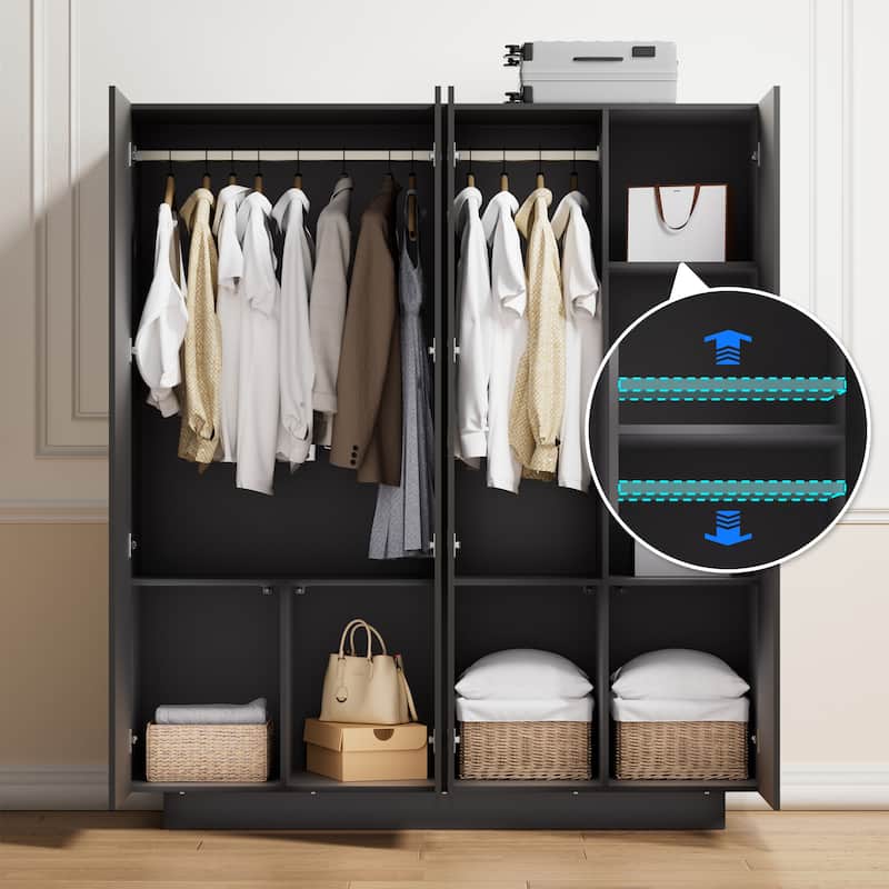 63"W 4-Door Mirror Wardrobe with LED Lighting Modern Stylish Armoires