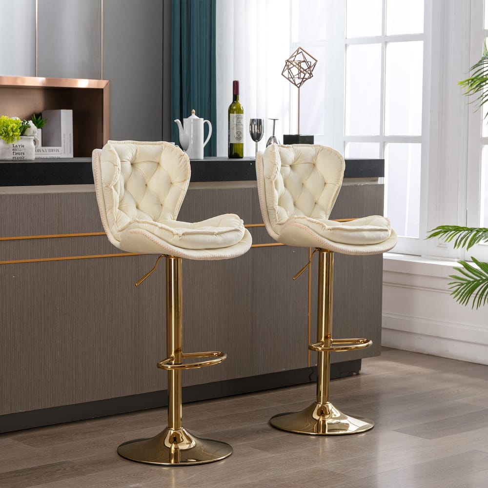 Velvet Swivel Bar Stools Set of 2 with Tufted Upholstered, Height Adjustable Mechanical Lifting, Golden Chrome Footrest and Base