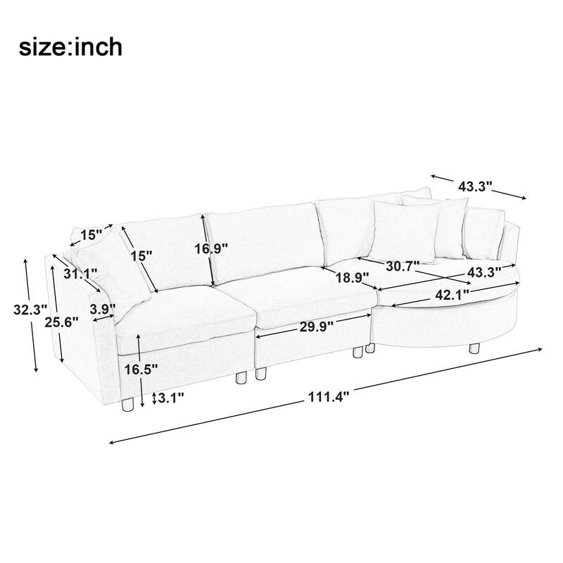 111.4" Polyester Combination Sofa with 3 Pillows, Curved Design and Removable Cushions