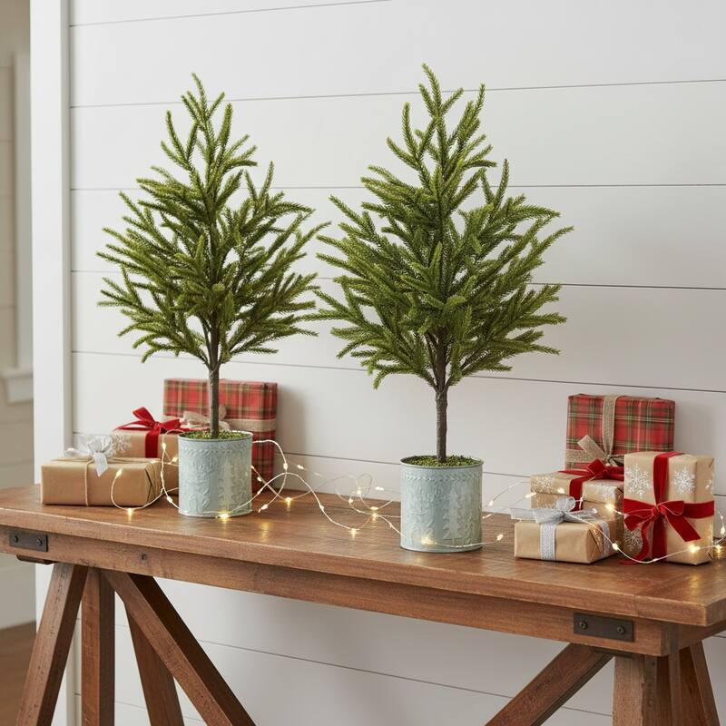 HomeRoots Set of Two 23" Green Mini Artificial Pine Trees In Galvanized Metal Planters - 13.50 in. x 23.00 in. x 13.50 in. - Green - 13.50 in. x 23.00 in.  x 13.50 in.