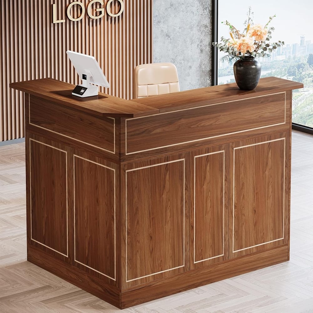 Reception Desk with Storage Shelves, L Shaped Modern Front Desk