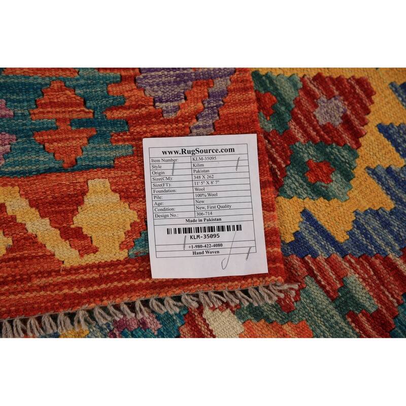 Geometric Kilim Area Rug Hand-Woven Orange Wool Carpet - 8'7"x 11'5"