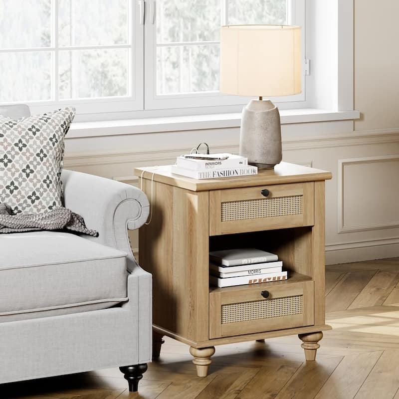 Mid Century End Table Nightstands with Charging Station & Drawer