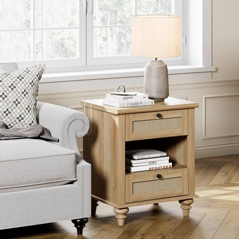 Farmhouse Nightstand Bedside Table, Wood 2-Drawer Side Table