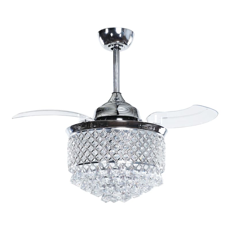 Modern 36" Retractable Crystal Chandelier Ceiling Fan with Light Kit and Remote Control, Chrome - 36 in
