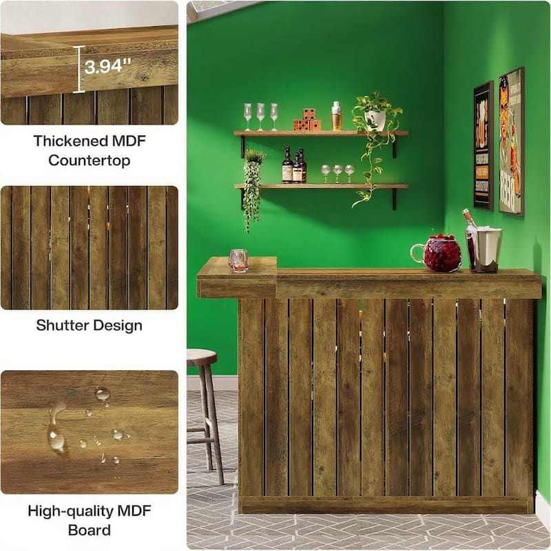 Brown MDF Corner Liquor Bar Table with 4 Shelves and Stemware Storage for Home and Pub - 51.18”L x 39.37”W x 43.31”H