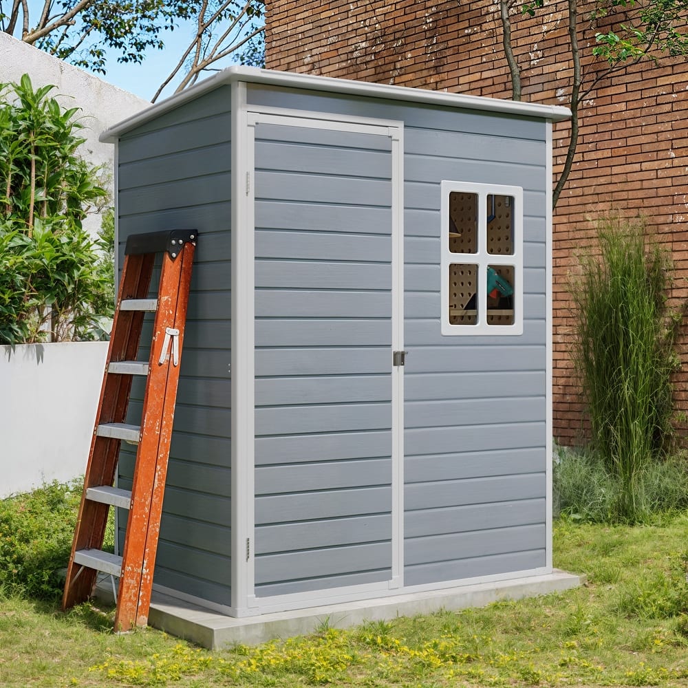 5x3 / 6x4 / 8x6 FT Outdoor Storage Shed with Floor, Resin Garden Tool Shed with Lockable Doors, Waterproof Plastic Storage Sheds