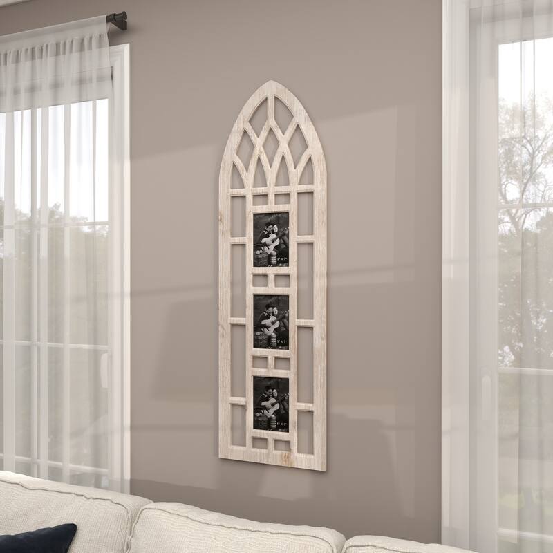Wooden Slim Arched Window Inspired 3 Slot Wall Photo Frame - Light Brown - Roche River Decor