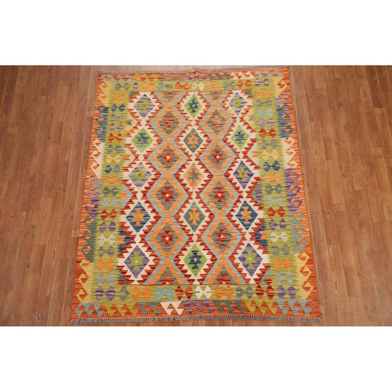 Hand Woven Oriental 100% Wool Carpet Southwestern Geometric Multi-Colored Kilim Area Rug - 6' 5'' X 5' 2''