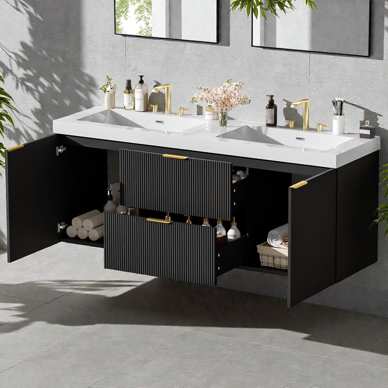 59.3" Double Sink Bathroom Vanity, Wall Mounted Cabinet with SMC Integrated Top, Soft-Close Storage Drawers