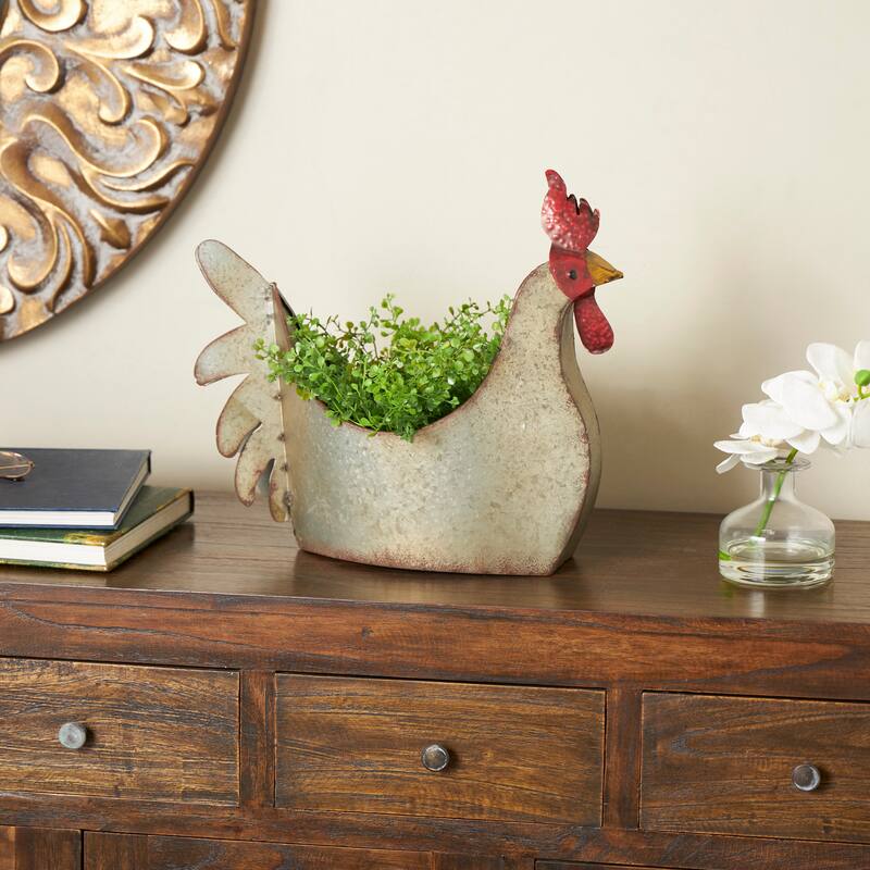 Metal Rooster Planter - Gray - Roche River Decor - 8"W x 12"L x 16"H
