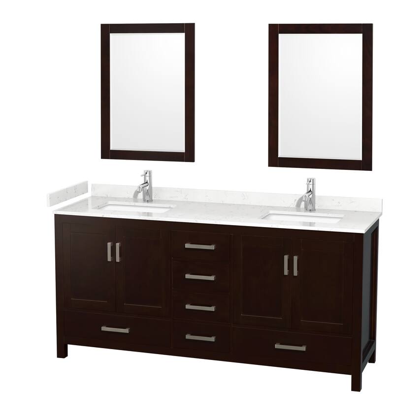 Sheffield Double Bathroom Vanity Set, Cultured Top, 24-Inch Mirrors - 72-Inch Double - Espresso, Carrara Cultured Marble Counter