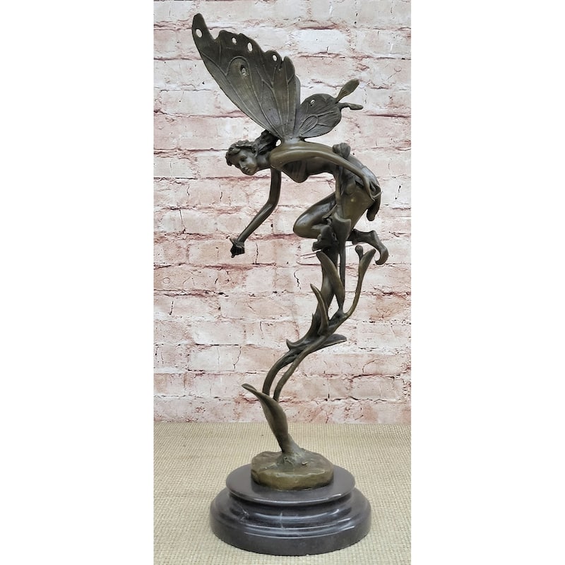 Mythical Fairy Nymph Flower Floral Scene Bronze Statue Sculpture Marble Base Art 19 Inches X 7 Inches