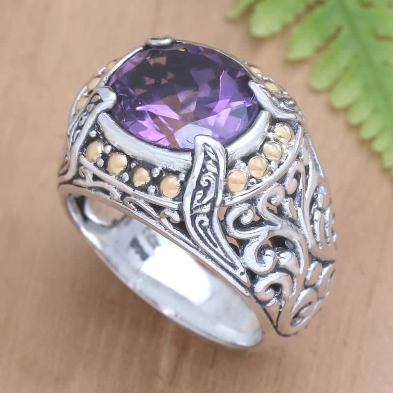 Novica Handmade Majestic Touch Gold Accented Amethyst Cocktail Ring - Purple