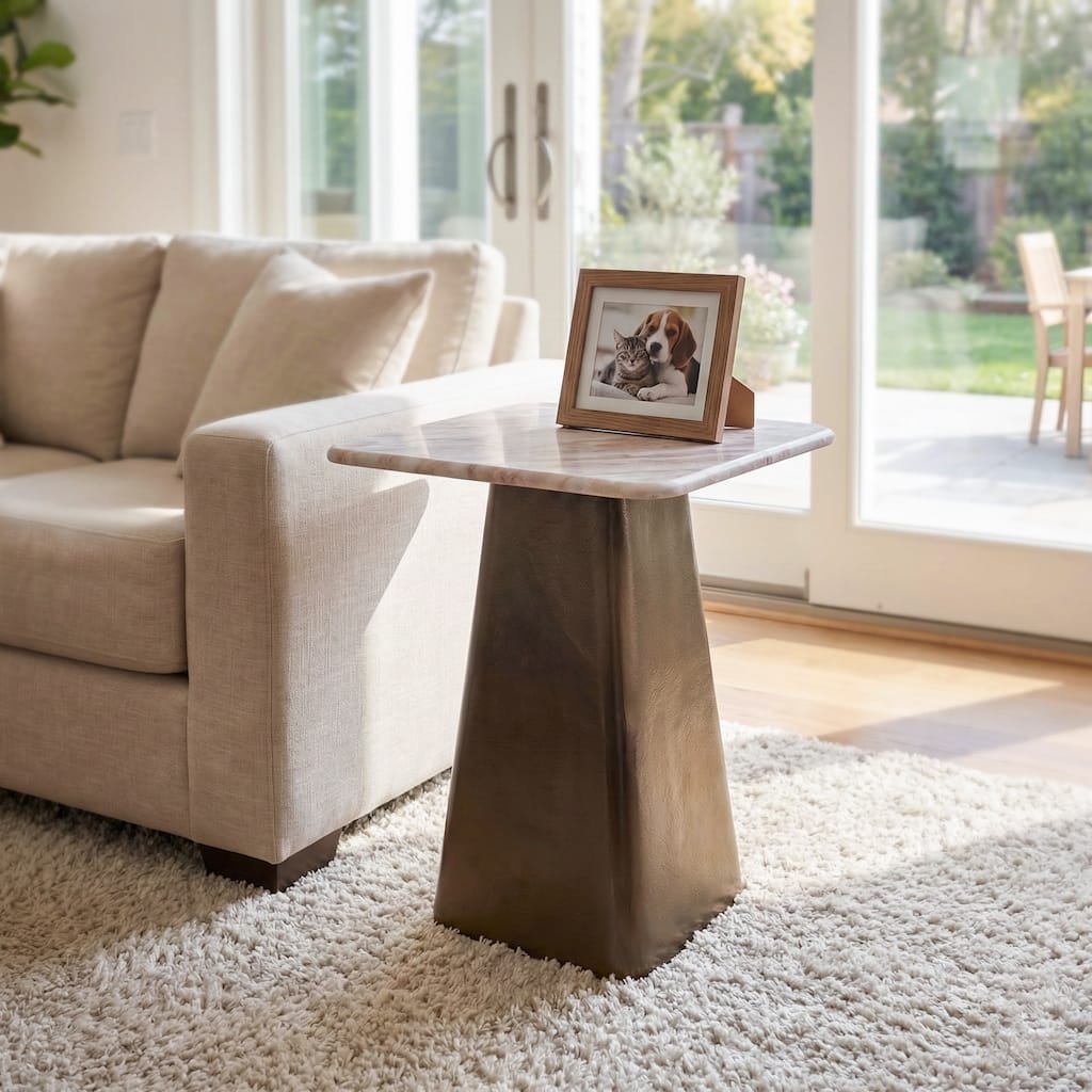 Modern Square Marble Side Table - 22", Bronze & Tan - 21.75"
