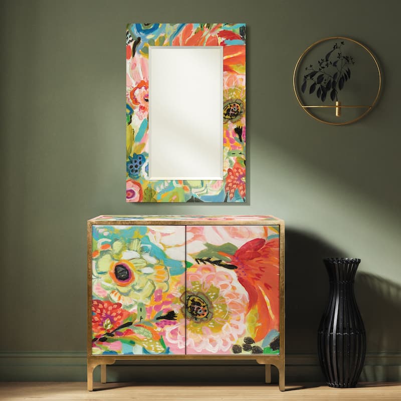 "Secret Garden Floral" Reverse Printed Beveled Art Glass Cabinet Console Table and Mirror Set