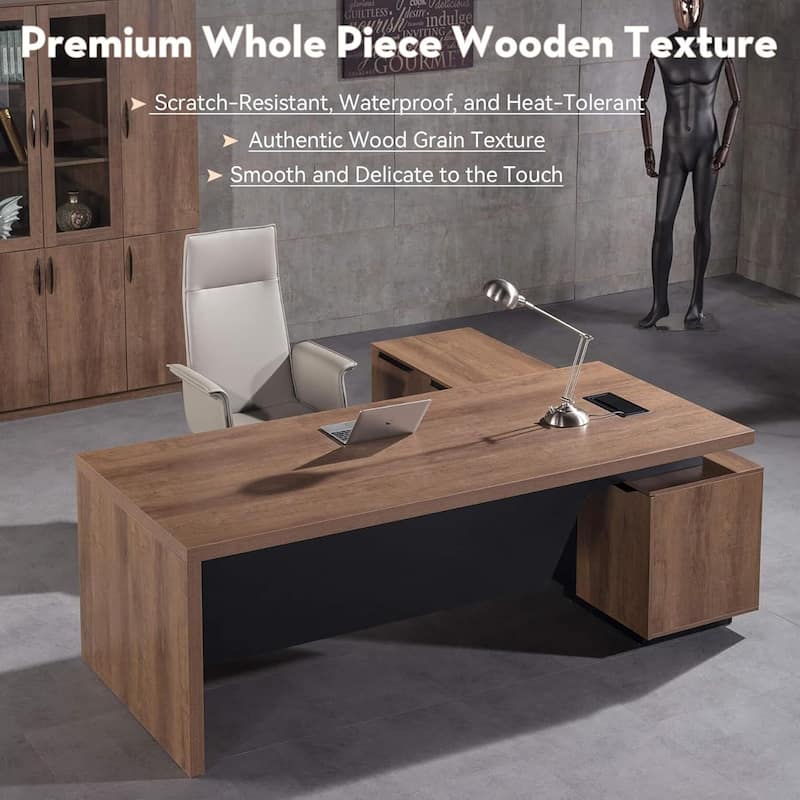 WESOME Retractable L-Shaped Executive Desk with Cable Management Drawers and Lateral File Cabinet