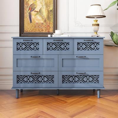 7-Drawer Storage Cabinet with Carved Pattern and Black Metal Handles for Bedroom, Living Room, or Study